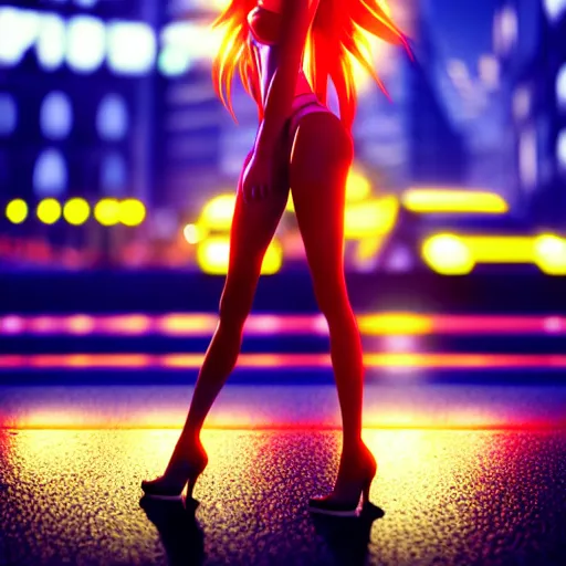 Image similar to asuka langley in a neon city, octane render 8 k, photorealistic render, atmospheric render, beautiful face, cute, realistic skin, redshift render, realistic reflections