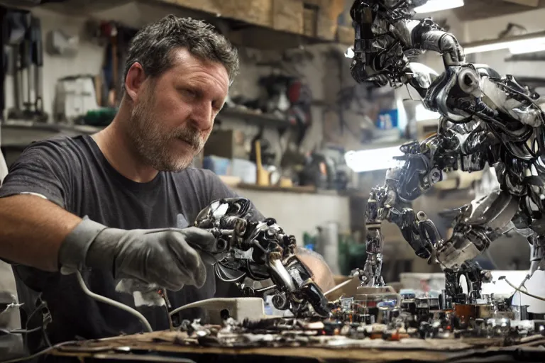 Image similar to cinematography closeup portrait of a Man soldering repairing robot parts in his garage by Neil blomkamp