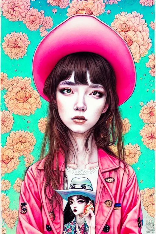 Image similar to girl wearing cowboy hat, style of yoshii chie and hikari shimoda and martine johanna, highly detailed