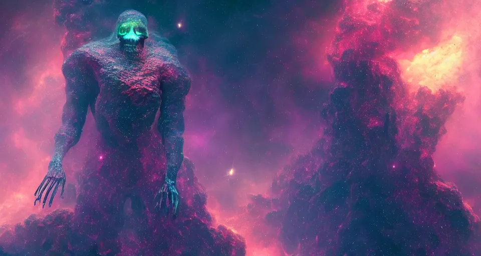 Image similar to a photo of one enormous humanoid pearlescent!! made of smoke!! skeletal cosmic!! old god!! floating in space!! in a nebula!!!!, 4 k, unreal engine, concept art, matte painting, cosmic horror!!, nightmare, color accents,