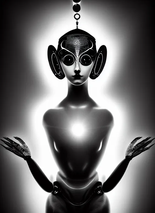 Image similar to surreal mythical dreamy dark artistic black and white fine art fashion portrait photo of a young beautiful delicate female robot - owl - nun praying, spiritual, halo, glory, rim light, cinematic, studio dramatic light, poetic, masterpiece, octane render, 8 k, photo - realistic by william bouguereau man ray