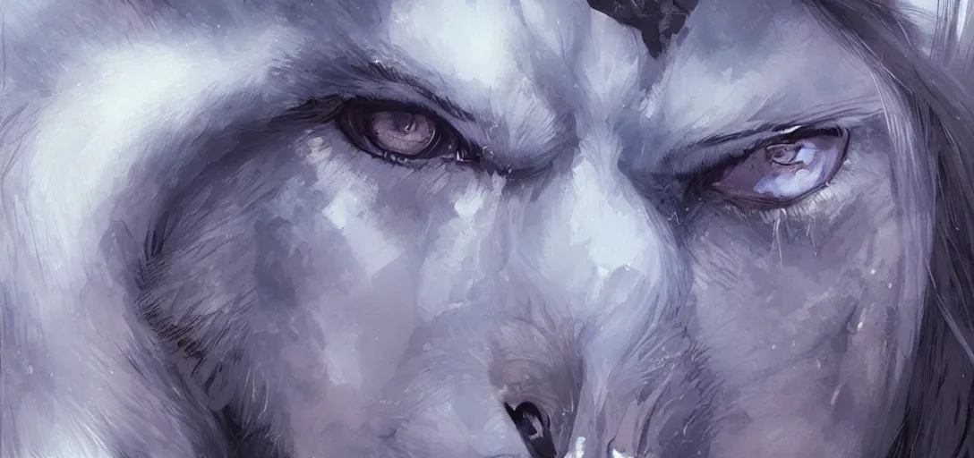 Prompt: A wolf woman beautiful face, blue eyes by Greg Rutkowski and Michael Whelan, very detailed, high quality