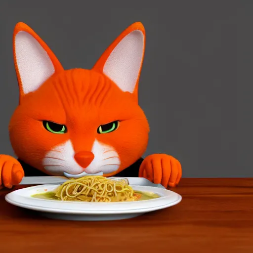 Prompt: Fat, cute orange cat in a suit eating ramen, busy restaurant, close up, octane render by Osamu Tezuka, details, 4K, 8K