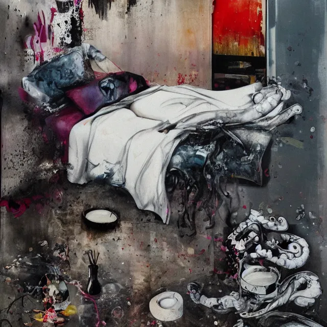 Image similar to a female artist's apartment, sensual portrait of a woman sleeping, cracked handmade japanese pottery vase, torn paper smouldering smoke, candles, white flowers on the floor, puddle of water, octopus, squashed berries, neo - expressionism, surrealism, acrylic and spray paint and oilstick on canvas