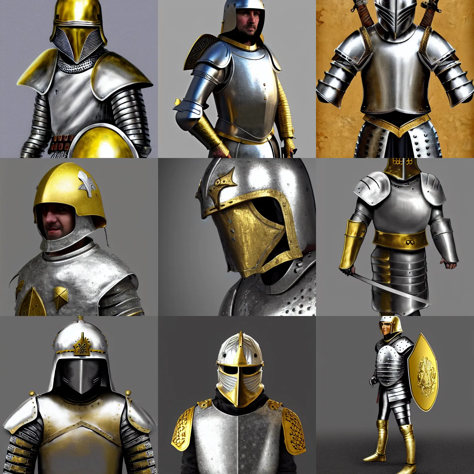 Prompt: elite member of a medieval army wearing silver armour and golden helmet at war, heroic, fighting a war, dust, blood, sword, realistic, hyper realistic, trending on artstation, defeat