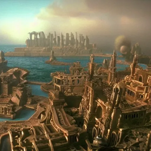 Prompt: a beautiful view from the film indiana jones and the fate of atlantis, of the city of atlantis, dslr hyper focused, intricate detail, stunning
