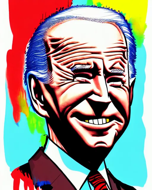 Image similar to an political caricature of joe biden, by gerald scarf and ralph steadman, illustration, ink drips, front angle, ink splatters, pen and ink, flat color, distorted features, spittle, drawing, facing front, anatomically correct, beautiful perfect face, sharp focus, highly detailed, cinematic lighting, 8 k, hd