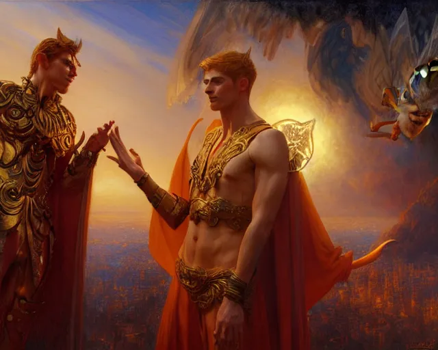 Image similar to attractive male deity, casting demonic magic, summoning handsome lucifer morning star. highly detailed painting by gaston bussiere, craig mullins, j. c. leyendecker 8 k