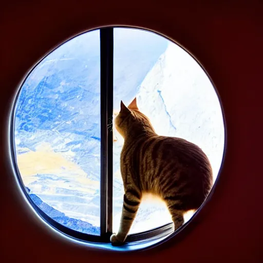 Prompt: cat watching martian landscape, standing inside a futuristic window, next to a food bowl