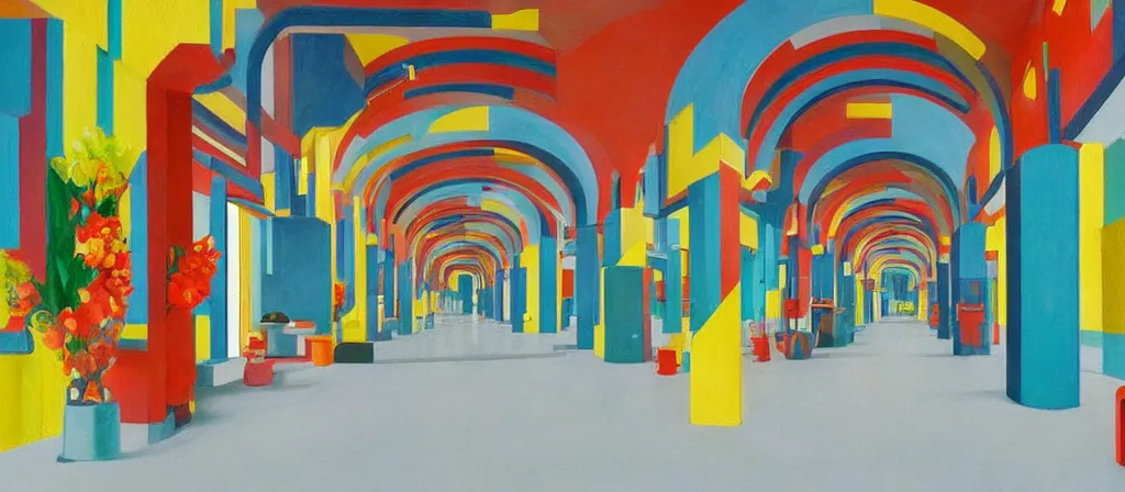 Image similar to colorful minimalist industrial interior hallway with monolithic pillars in the style of ridley scott and stanley kubrick, impossible stijl architecture, bed of flowers on floor, ultra wide angle view, realistic detailed painting by edward hopper