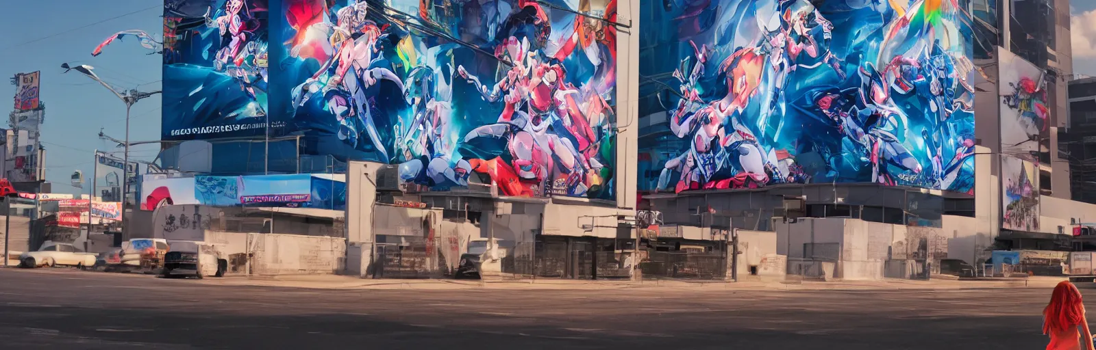 Image similar to billboard advertisement with an extremely beautiful photo of a white marble statue of an anime girl with colorful motocross logos and motorcycle helmet with closed visor, colorful smoke in the background, carved marble statue, fine art, neon genesis evangelion, virgil abloh, offwhite, denoise, highly detailed, 8 k, hyperreal