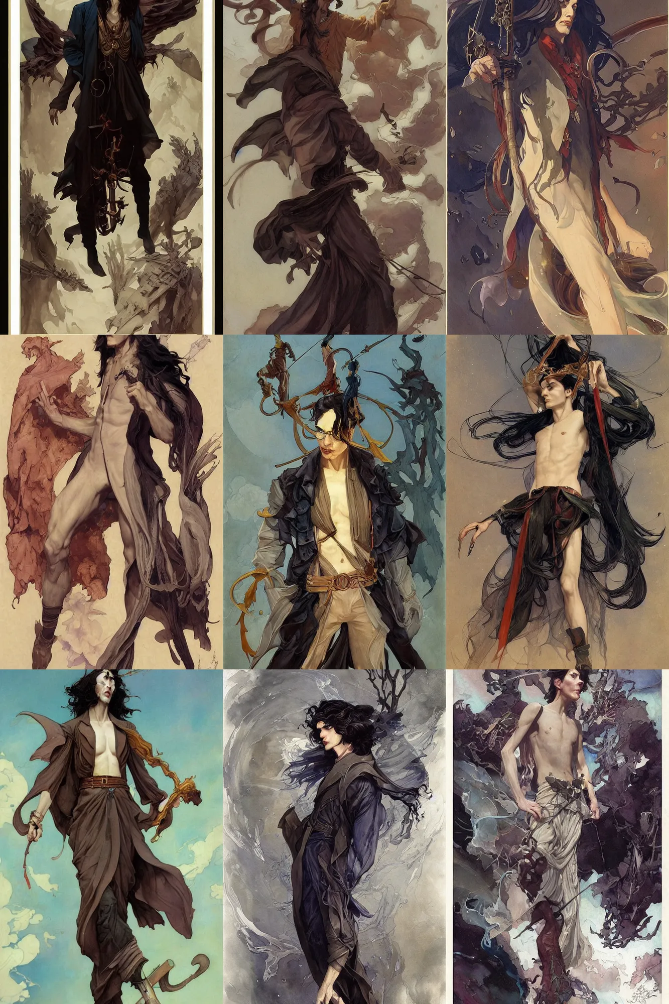 Prompt: thin male mage with long dark hair, 1 9 2 0 s fashion, fantasy, art by joseph leyendecker, peter mohrbacher, ruan jia, finnian macmanus, marc simonetti, ayami kojima, vasnetsov, cedric peyravernay, ferdinand knab