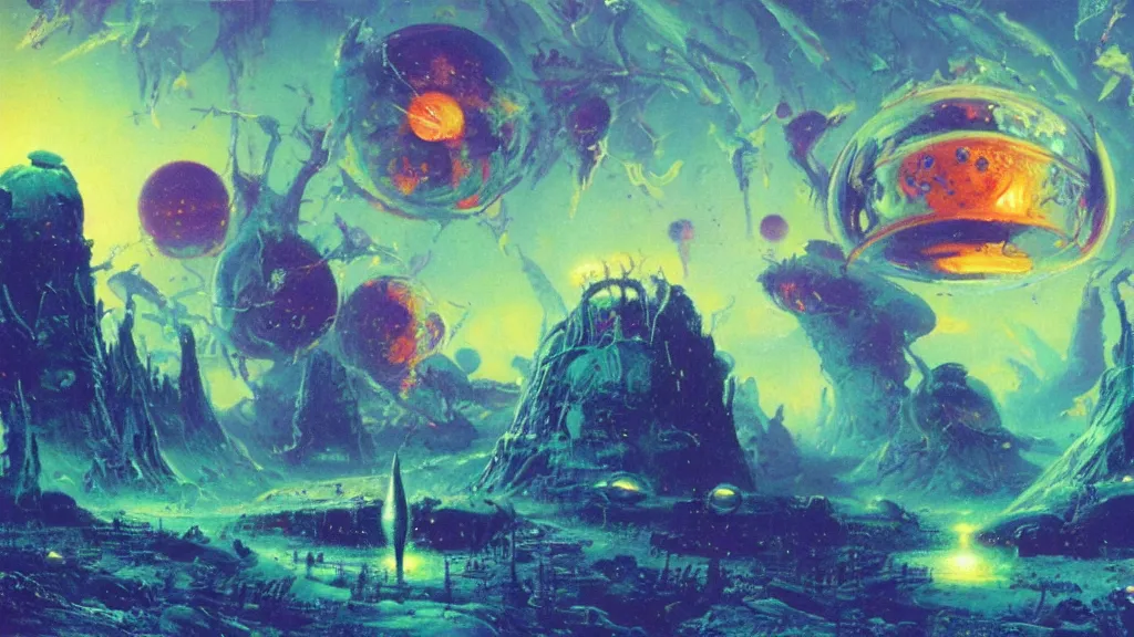 Prompt: strange alien planet by Paul Lehr and Bruce Pennington