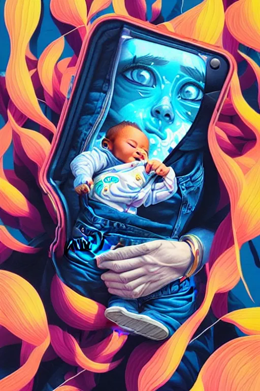 Image similar to a baby in a jeans pocket, tristan eaton, victo ngai, artgerm, rhads, ross draws