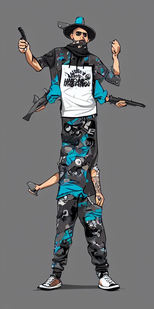 Prompt: hiphop street wear gangster, shark themed clothing, holding gun, featured on art station, stylized and simplified shapes