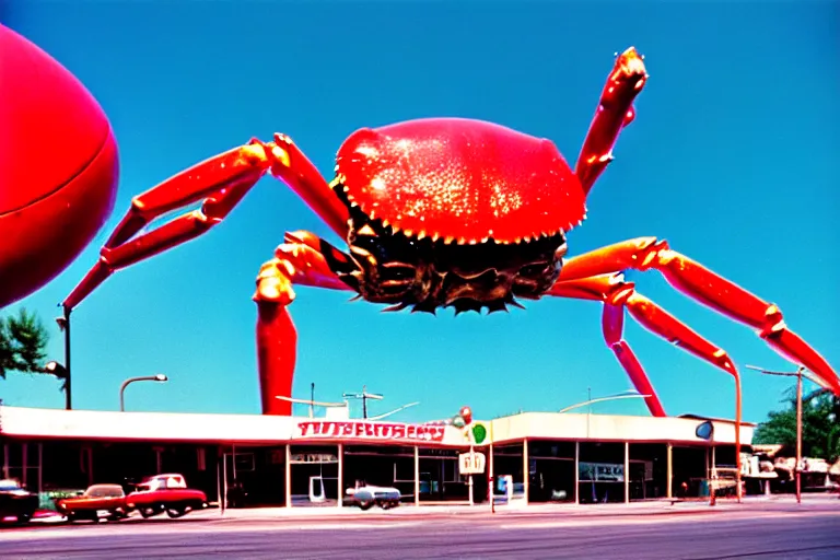 Prompt: 2 0 1 5 giant crab terrorizing a city, googie architecture, americana, fishcore, exterior photography, hd 8 k, photography cinestill