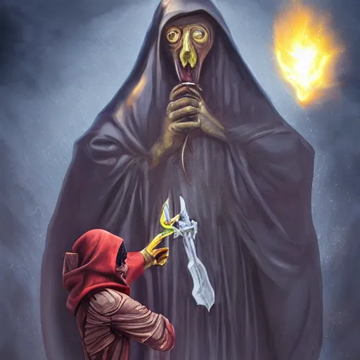 Image similar to a hooded cultist is stabbing a banana placed on an altar, in front of a stone statue of a forgotten god, by patrick mcenvoy and michael komarck and fantasy flight, incredible quality, trending on artstation