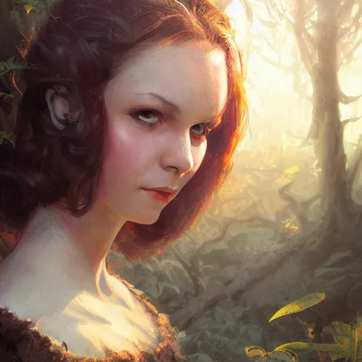 Image similar to closeup portrait of a young vivian leigh with elf ears, forest background, megacity, high fantasy, dramatic light, gorgeous view, depth, high detail, digital art, painted by greg rutkowski, trending on artstation