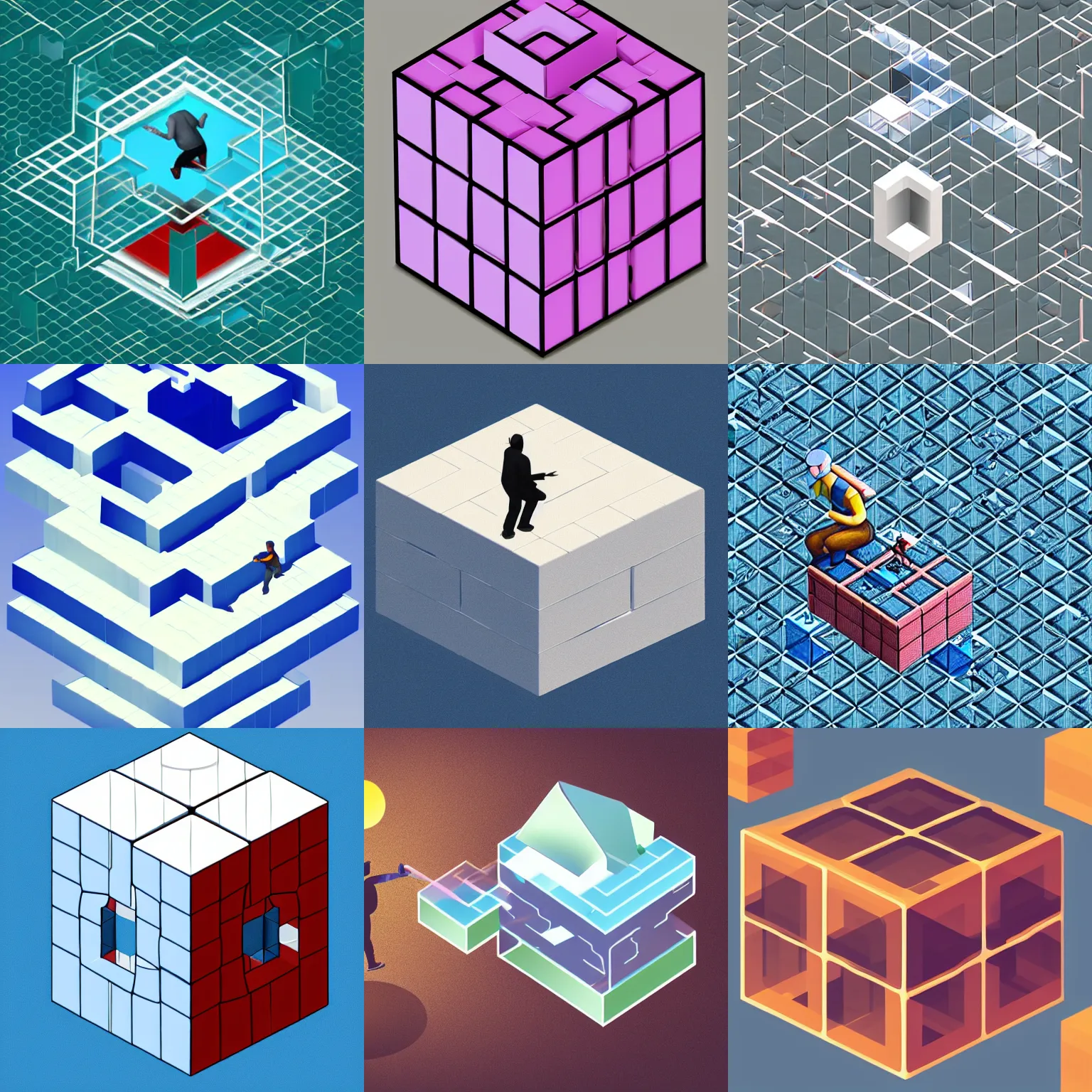 Prompt: man trapped in a floating isometric cube