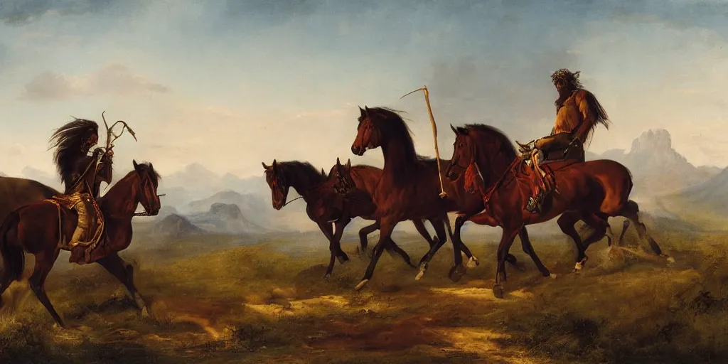 Image similar to artwork by eugene von guerard, the four horsemen