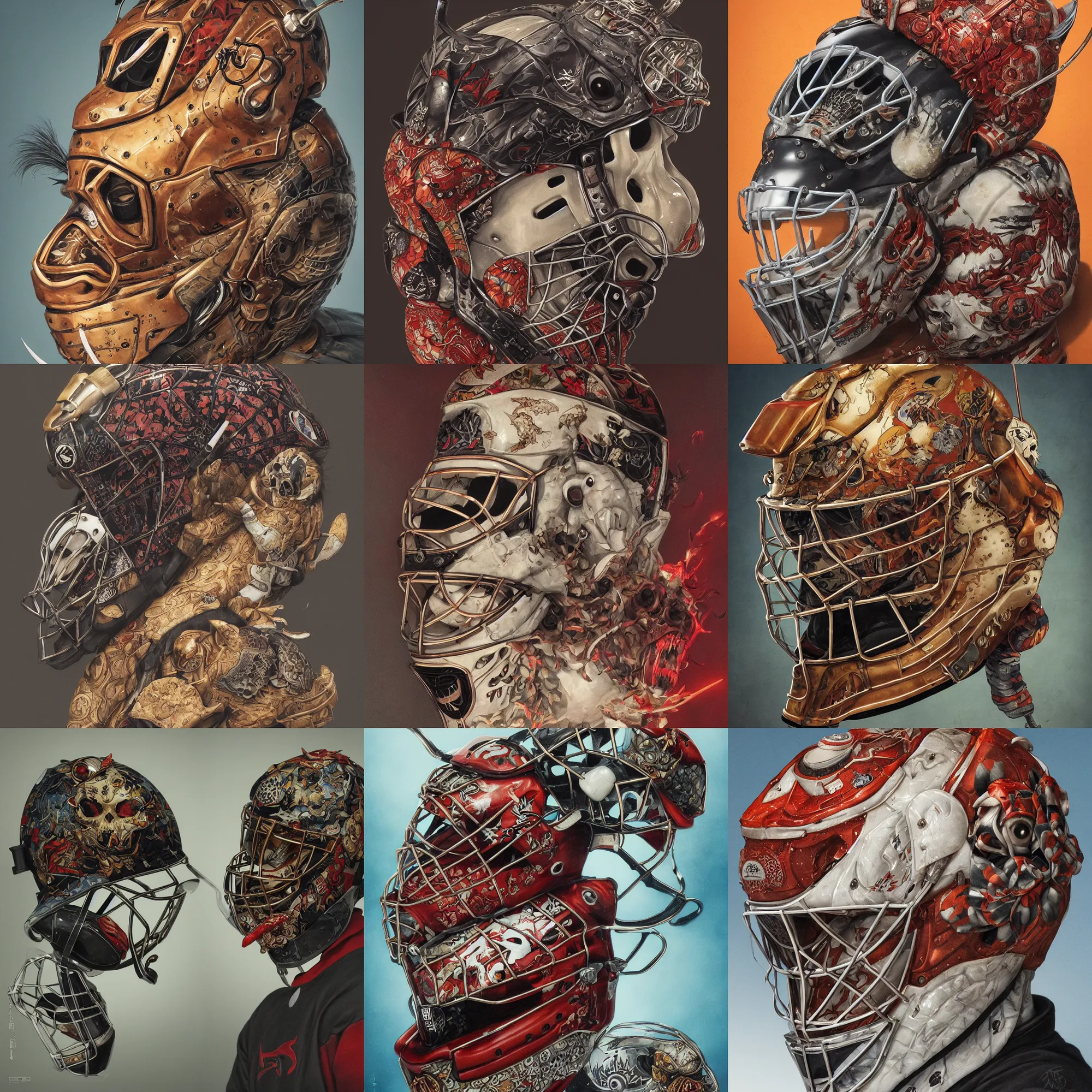 Prompt: a portrait of a hockey goalie helmet with a japanese devil skull animal illustrated by miyazaki by karol bak, james jean, tom bagshaw, rococo, sharp focus, trending on artstation, cinematic lighting, hyper realism, octane render, 8 k, hyper detailed, vivid, ultra detailed, highly detailed