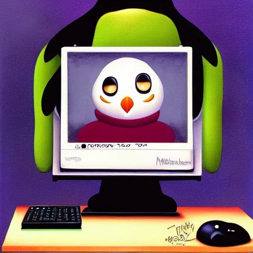 Image similar to pingu sitting behind a computer, painted by mark ryden, art, epic lighting