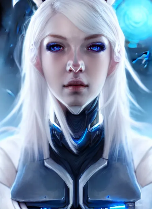 Image similar to detailed portrait of perfect white haired girl, android, warframe armor, beautiful, pretty face, blue cyborg eyes, innocent, scifi, 4 k, sun yunjoo, ultra realistic, aura of light, cinematic lighting, highly detailed, sharp focus, artstation, masterpiece, art by hyungjin yang