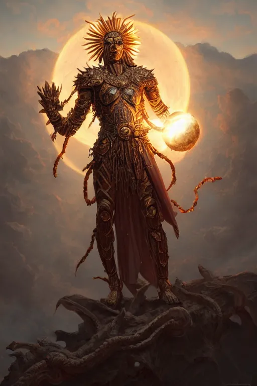 Image similar to humanoid god of the sun, highly detailed, d & d, fantasy, hyper detailed, digital painting, trending on artstation, apollo, concept art, sharp focus, illustration, art by artgerm and magali villeneuve and greg rutkowski and michael whelan, cryengine, 8 k realistic atmospheric lighting, frostbite 3 engine