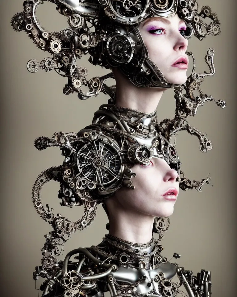 Image similar to highly detailed full body photo of a complex bio-mechanical beautiful young female cyborg with a steampunk metal fine lace face, retrofuturistic depressing hopeless horrific vibe, full shot, full body, pale skin, curled silver metallic hair and a fine metal floral foliage lace collar by Alexander McQueen:: high fashion, haute couture, rococo, steampunk, fine silver filigree details, anatomical, facial muscles, cable wires, microchip, elegant, hyper realistic, 150 mm lens, soft rim light, octane render, unreal engine, volumetric lighting, 8k, muted reflective metallic coloring, sharp focus