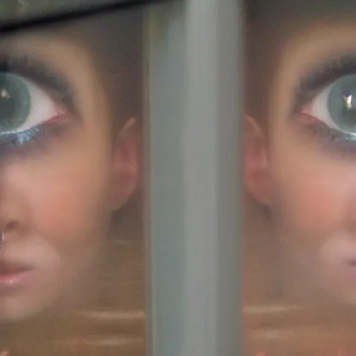 Prompt: Eyes peering in the window at night, scary, creepy