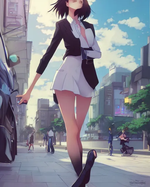 Prompt: a girl on a busy modern street, very sexy outfit, very anime, medium full shot, visible face, detailed face, perfectly shaded, atmospheric lighting, by makoto shinkai, stanley artgerm lau, wlop, rossdraws