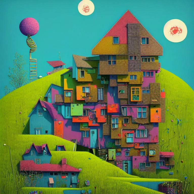 Image similar to surreal glimpse into other universe, house by som architect, summer morning, very coherent and colorful high contrast, art by!!!! gediminas pranckevicius!!!!, geof darrow, floralpunk screen printing woodblock, dark shadows, hard lighting, stipple brush technique,