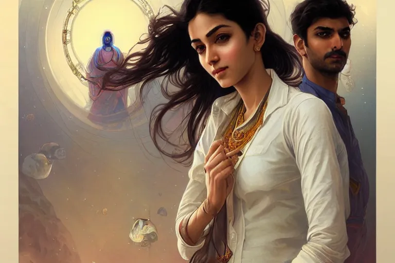 Image similar to Sensual good looking pale young Indian doctors wearing jeans in a space elevator above Earth, portrait, elegant, intricate, digital painting, artstation, concept art, smooth, sharp focus, illustration, art by artgerm and greg rutkowski and alphonse mucha