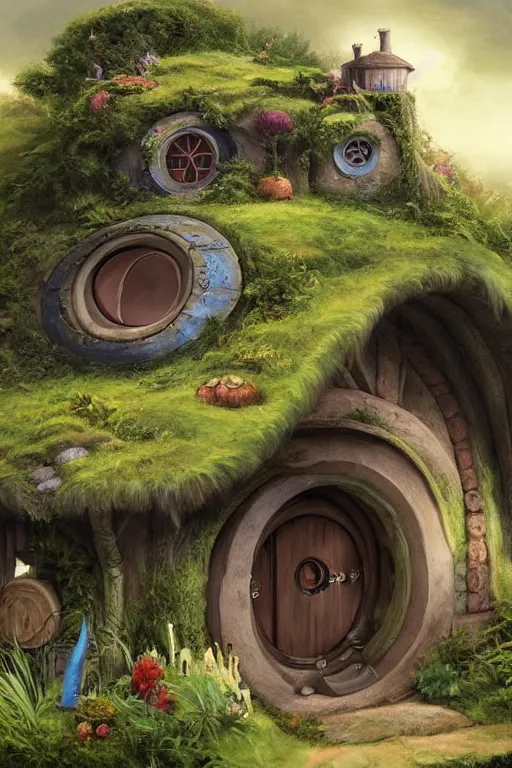 Image similar to beautiful matte painting of a hobbit house with round door and windows under a hill, whimsical by brian kesinger and bridget bate tichenor