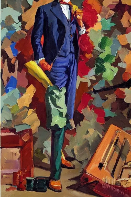 Image similar to saul goodman in colorful suit, painting by jc leyendecker!!, angular, brush strokes, painterly, vintage, crisp