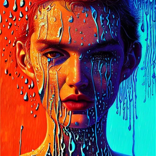 Image similar to bright asthetic portrait of LSD in rain with wet hair and face, liquid, fantasy, intricate, elegant, dramatic lighting, highly detailed, lifelike, photorealistic, digital painting, artstation, illustration, concept art, smooth, sharp focus, art by John Collier and Albert Aublet and Krenz Cushart and Artem Demura and Alphonse Mucha