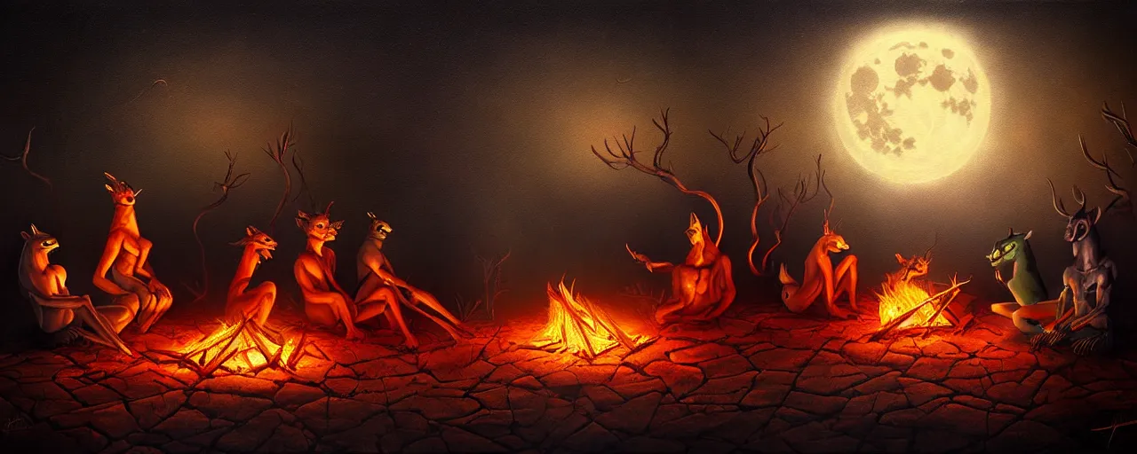 Image similar to strange mythical beasts of sitting around a fire under a full moon, surreal dark uncanny painting by ronny khalil