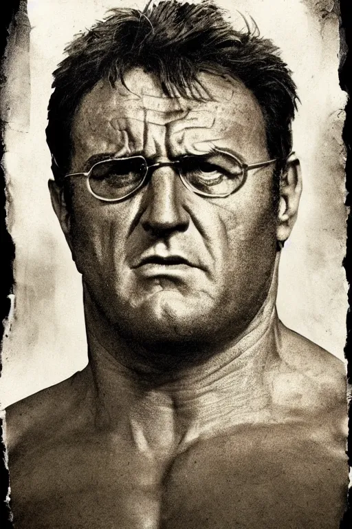 Image similar to the incredible hulk, portrait, full body, symmetrical features, silver iodide, 1 8 8 0 photograph, sepia tone, aged paper, sergio leone, master prime lenses, cinematic