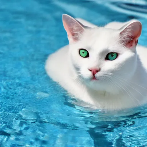 Image similar to white cat with blue eyes on a float in the pool