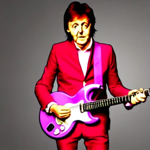 Image similar to Paul McCartney playing a Squier Hello Kitty Stratocaster, 8k, high definition, highly detailed, photorealistic