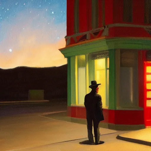 Image similar to a painting of a lonely man with a skull as his head waiting for the bus at night, green dramatic and cinematic light from the streetlight, the sky is full of stars, in the style of edward hopper, 4 k,