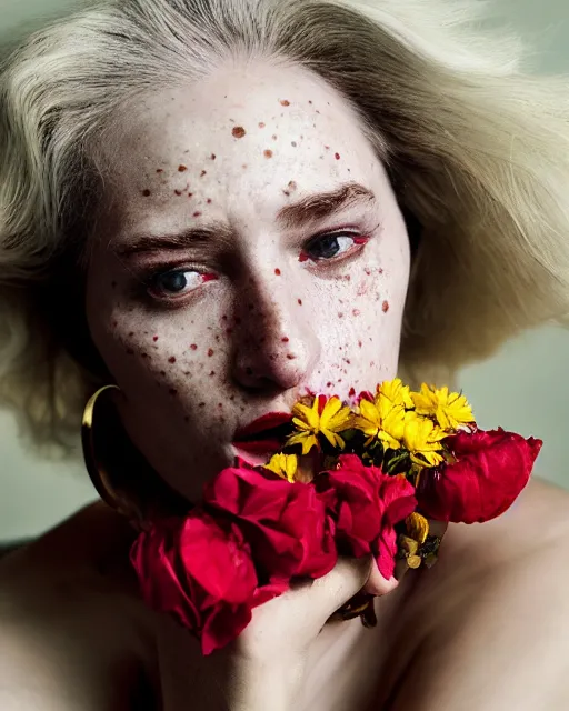 Prompt: Close-up portrait of a woman, close-up, high sharpness, zeiss lens, fashion photo shoot, flowers, white hair, freckles, Red lipstick, against gold, Annie Leibovitz and Steve McCurry, David Lazar, Jimmy Nelsson, artistic, hyper-realistic, beautiful face, octane rendering