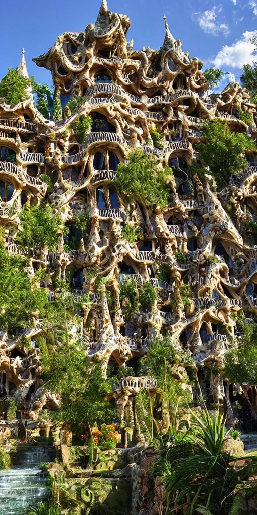 Image similar to valley village on the lake, waterfalls, flowers and intricate detailed visionary architecture and gardens by antoni gaudi, john stephens, alex gray