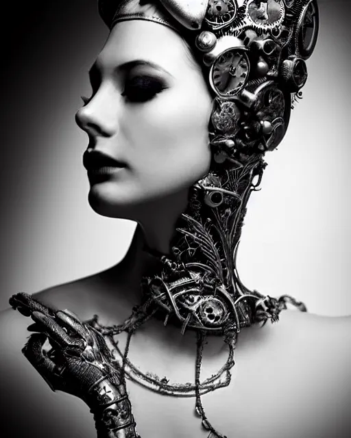 Prompt: a black and white high quality dreamy photo of a young beautiful female queen-silver dragon-vegetal-flower-cyborg veiled bust with a very long steampunk cyborg neck, elegant, highly detailed, poetic, soft, dreamy, mysterious, high fashion, in the style of Horst P. Horst, Metropolis, Realistic, Refined, Digital Art, Highly Detailed, Cinematic Lighting, rim light, black and white, photo-realistic, 8K