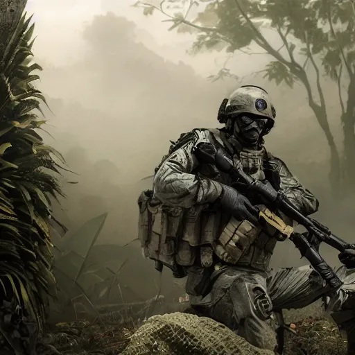 Prompt: Dying Mercenary Special Forces soldier in grey uniform with black armored vest crawling to shelter on the island of Tanoa 2020, combat photography by Feng Zhu, highly detailed, excellent composition, cinematic concept art, dramatic lighting, trending on ArtStation