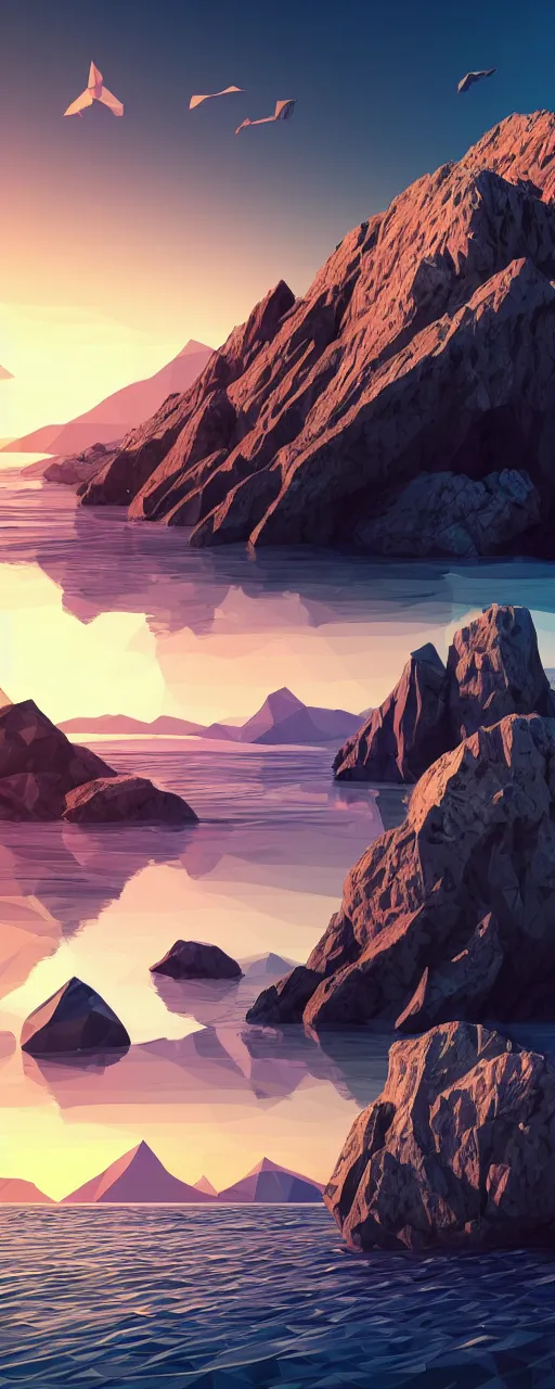 Image similar to super detailed color lowpoly art, northern sunset with rocks on front, monochrome photorealistic bay in the middle of perspective and mountains at background, big graphic ship in random point of bay, unreal engine, high contrast color palette, 3 d render, lowpoly, colorful, digital art, perspective