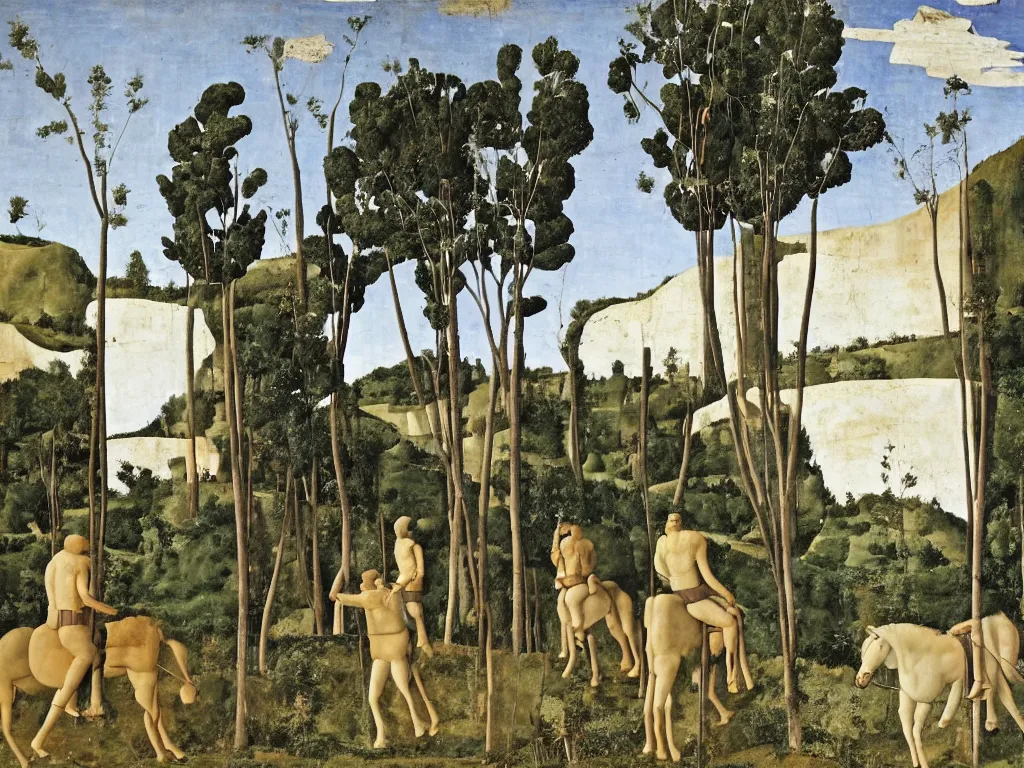 Image similar to Three men on a black horse are entering a cave ferns palms. Painting by Piero della Francesca