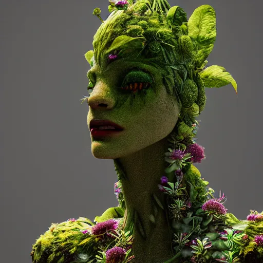 Image similar to a plant creature, foliage, plant filaments, flowers, humanoid shape, full body, photorealistic, 4 k, octane render, cinematic lighting, artistic photography, insanely detailed and intricate