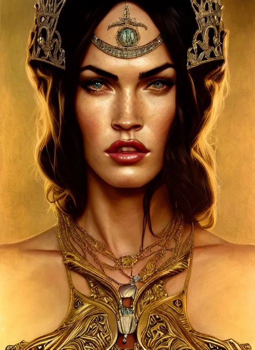 Prompt: portrait of megan fox as a queen, throne, jewelry, greek, saphir, intricate, headshot, highly detailed, digital painting, artstation, concept art, sharp focus, cinematic lighting, illustration, art by artgerm and greg rutkowski, alphonse mucha, cgsociety