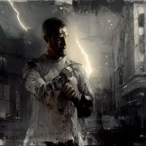 Image similar to knight holds lightning in his hand bolts of lighting everywhere, realistic, ultrahd, jeremy mann painting